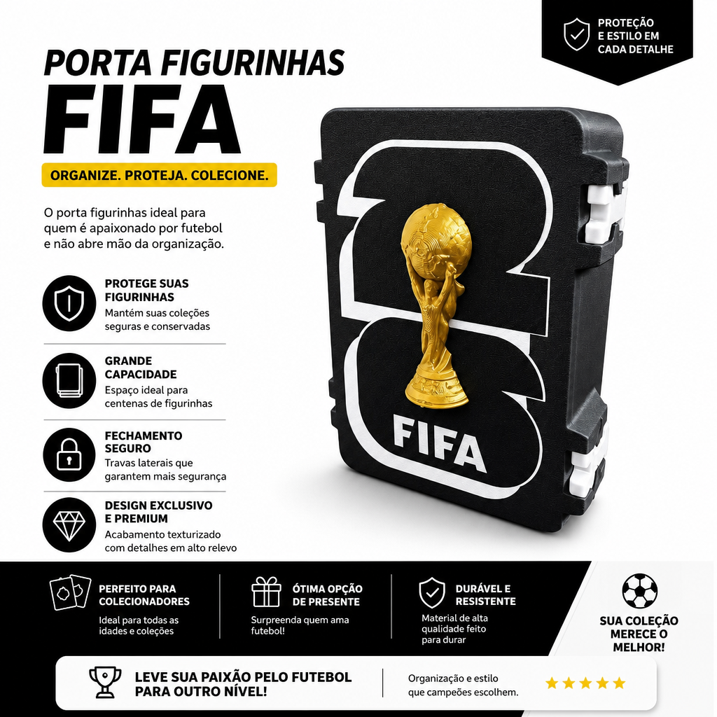Porta Figurinha Copa do Mundo Com Taça - Branco e Preto